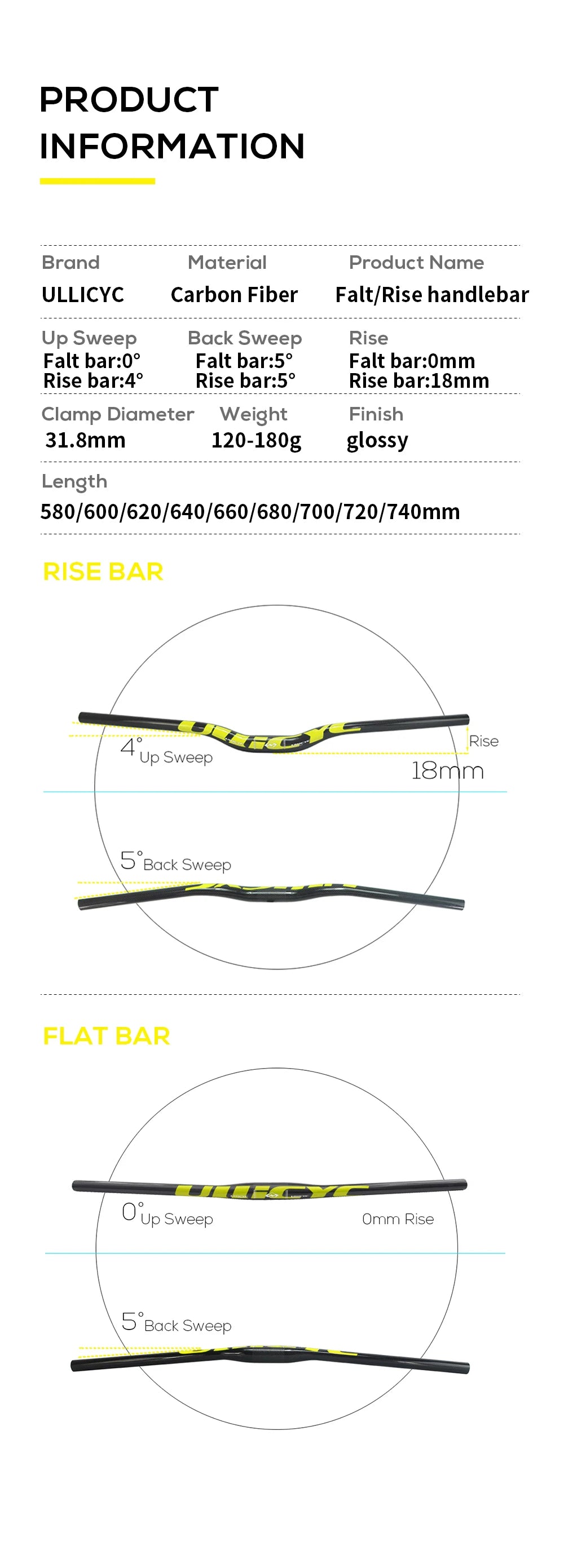 ULLICYC Mountain Bike 3K Full Carbon Handlebar Flat/Rise Carbon Bicycle Handlebar MTB Parts Fluorescent yellow 31.8*580-740mm