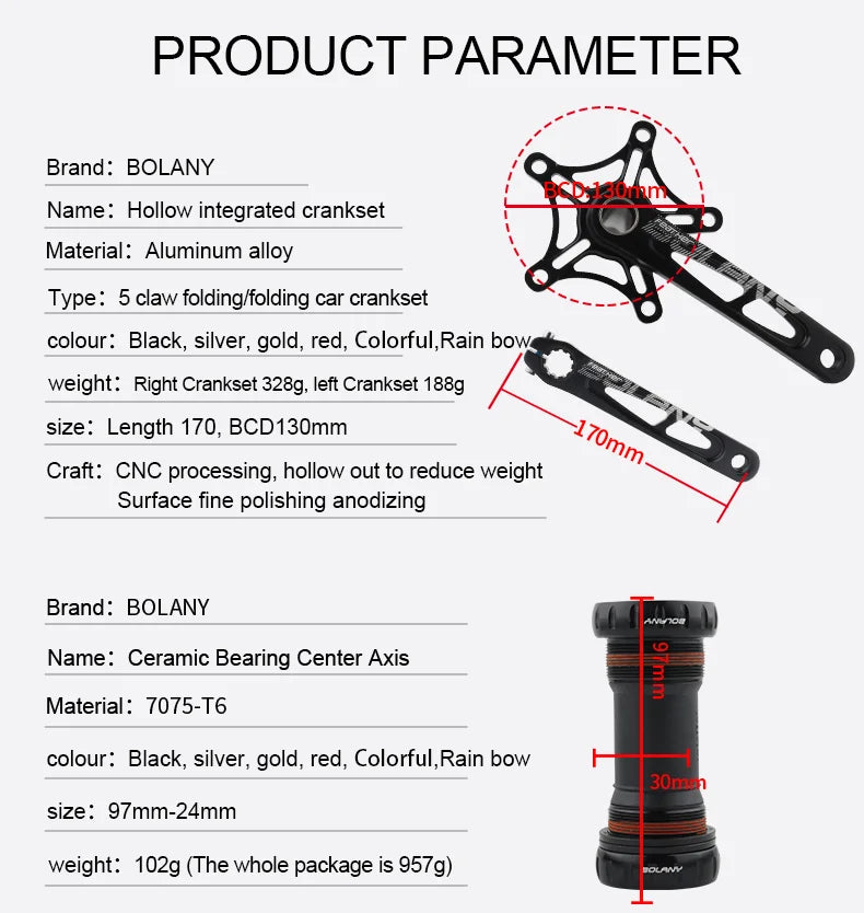 BOLANY Crankset Folding Bicycle Crank 170mm 130BCD 5 Bolts Aluminum Alloy Bottom Bracket Ceramic Bearing CNC Anodized Bike Parts