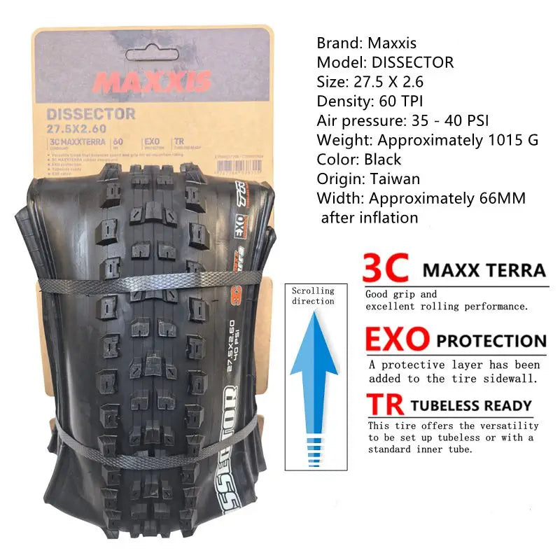 MAXXIS Dissector MTB Tire Seeks To Minimize Drag While Retaining Cornering Control Size:27.5x2.4WT  29X2.4 EXO TR DH