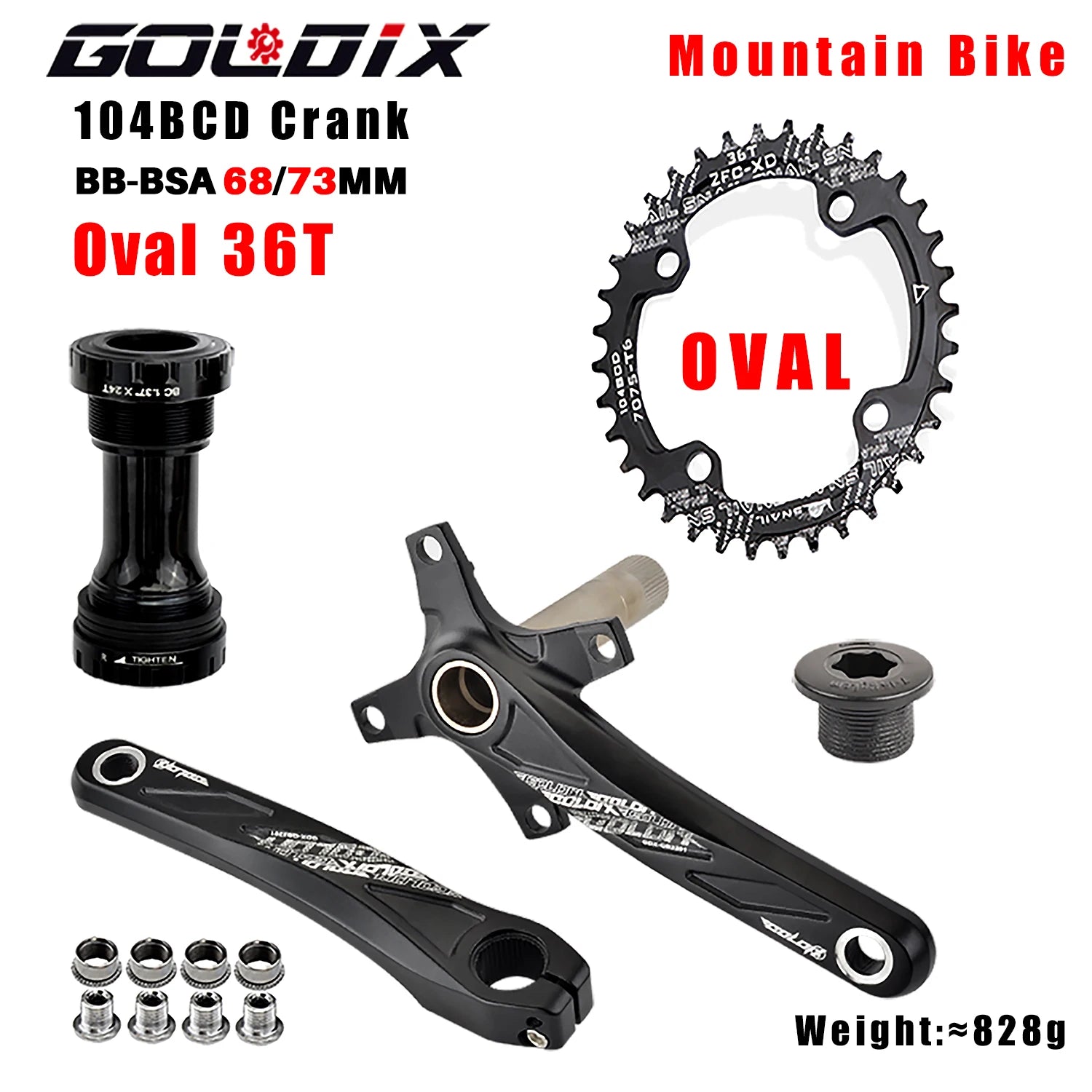 GOLDIX 104BCD MTB Crankset 165mm 170mm 175mm crank Round/Oval chainring 32T/34T/36T/38T Narrow Wide Teeth Sprocket for Mountain