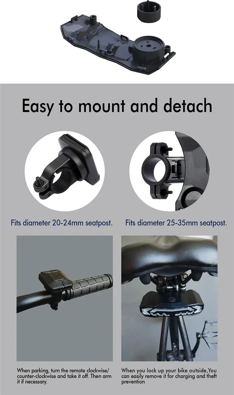 USB Rechargeable Bike Taillight with Alarm, Waterproof Anti Theft Rear Light Bicycle Turn Signal Brake Warning Light