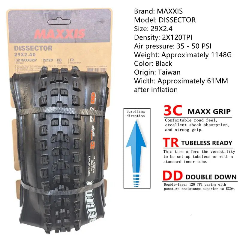 MAXXIS Dissector MTB Tire Seeks To Minimize Drag While Retaining Cornering Control Size:27.5x2.4WT  29X2.4 EXO TR DH