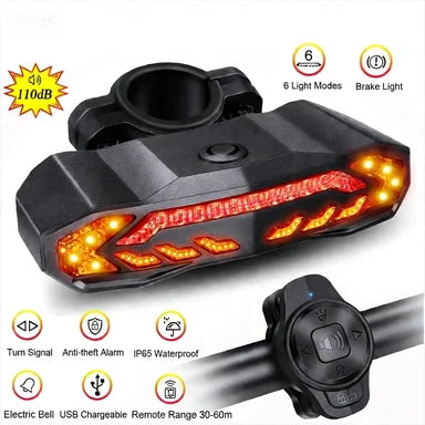 USB Rechargeable Bike Taillight with Alarm, Waterproof Anti Theft Rear Light Bicycle Turn Signal Brake Warning Light