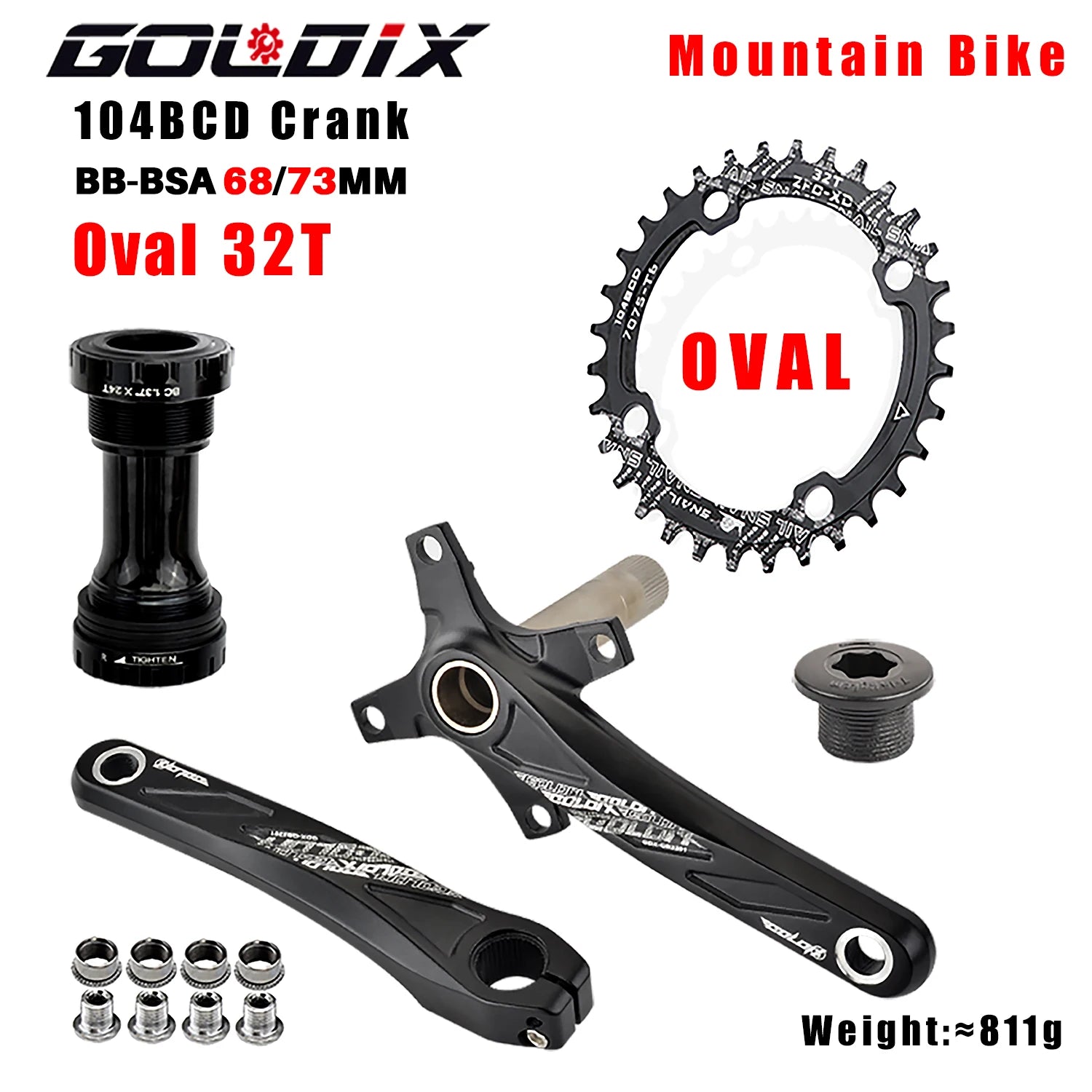 GOLDIX 104BCD MTB Crankset 165mm 170mm 175mm crank Round/Oval chainring 32T/34T/36T/38T Narrow Wide Teeth Sprocket for Mountain