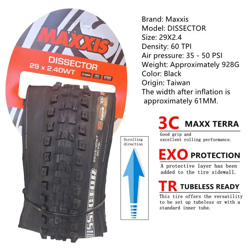 MAXXIS Dissector MTB Tire Seeks To Minimize Drag While Retaining Cornering Control Size:27.5x2.4WT  29X2.4 EXO TR DH