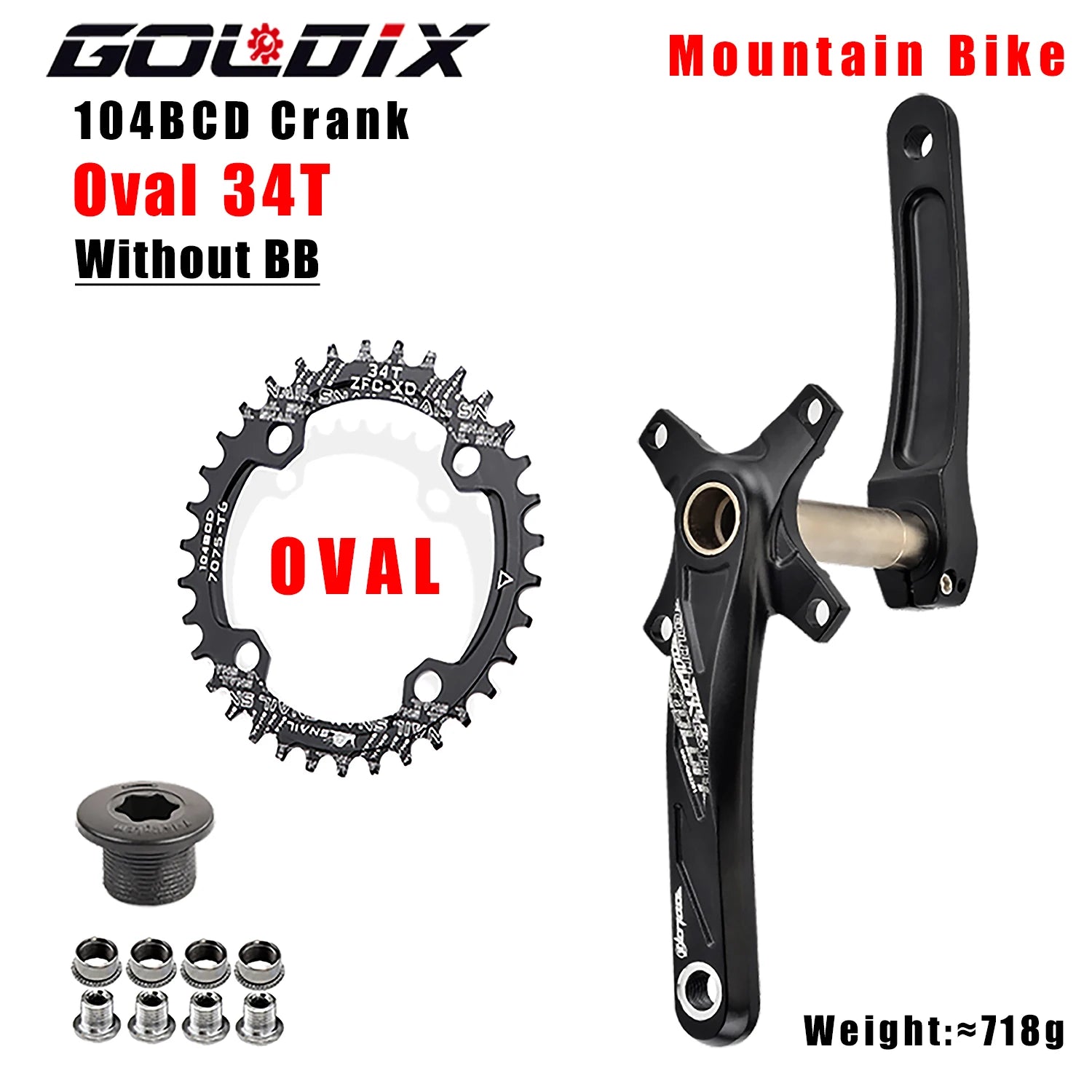 GOLDIX 104BCD MTB Crankset 165mm 170mm 175mm crank Round/Oval chainring 32T/34T/36T/38T Narrow Wide Teeth Sprocket for Mountain