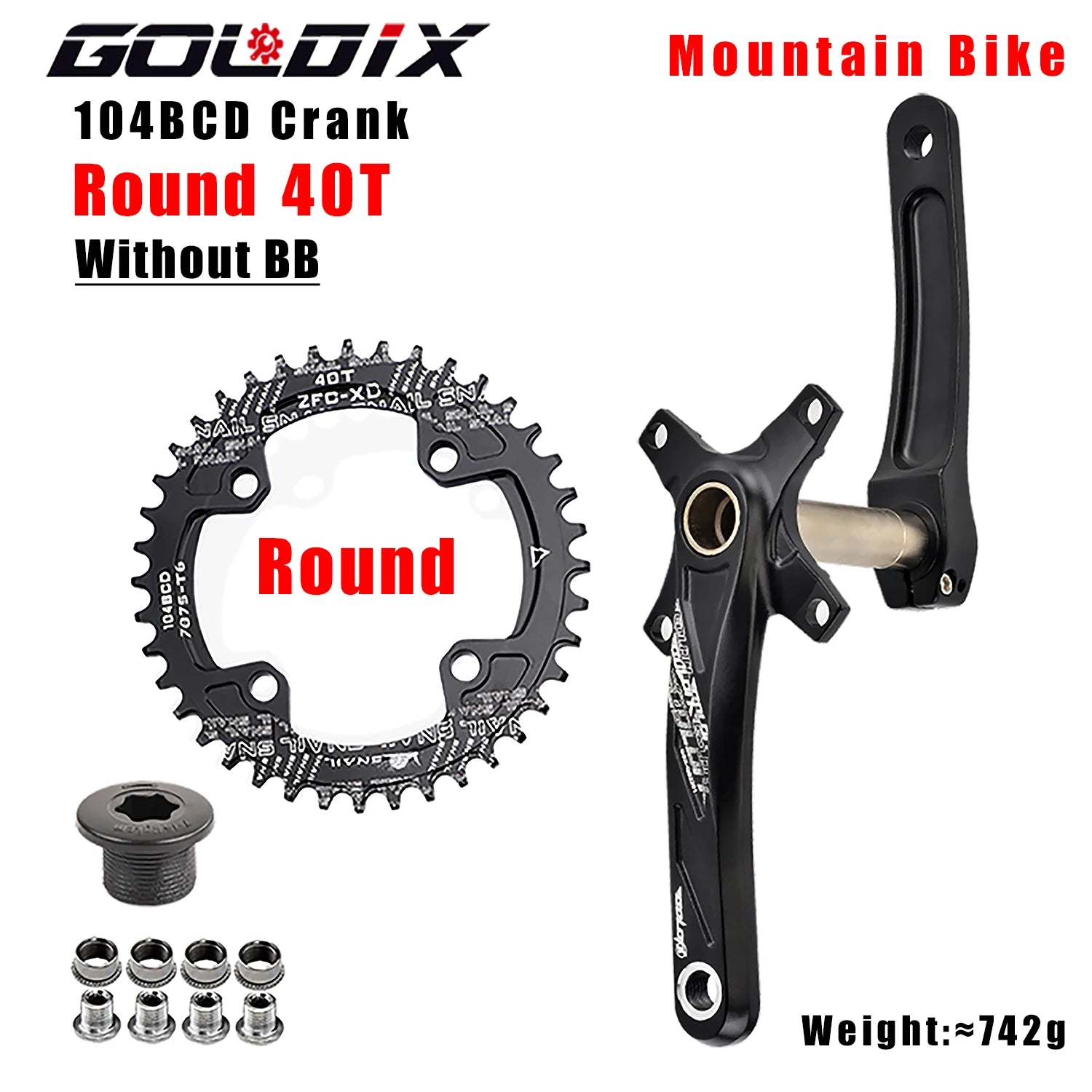 GOLDIX 104BCD MTB Crankset 165mm 170mm 175mm crank Round/Oval chainring 32T/34T/36T/38T Narrow Wide Teeth Sprocket for Mountain