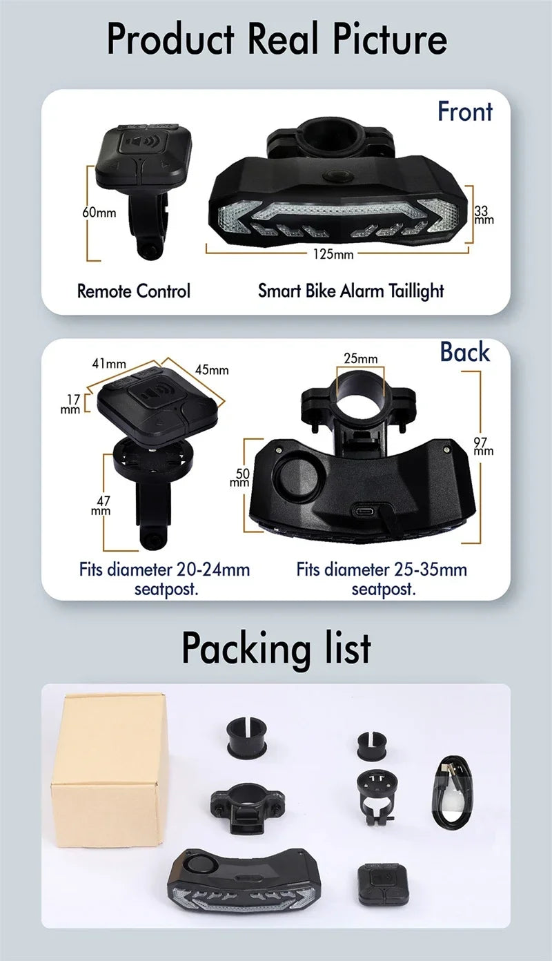 USB Rechargeable Bike Taillight with Alarm, Waterproof Anti Theft Rear Light Bicycle Turn Signal Brake Warning Light