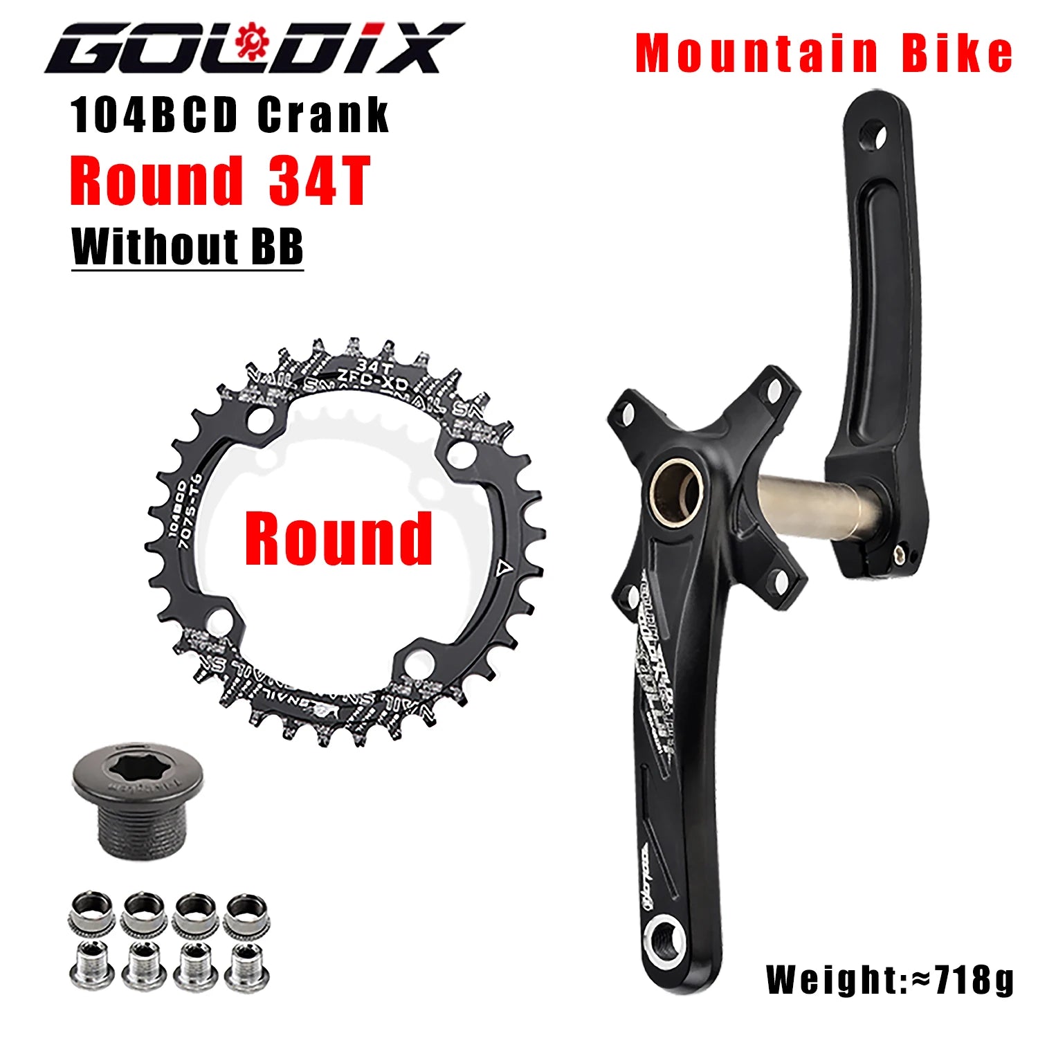 GOLDIX 104BCD MTB Crankset 165mm 170mm 175mm crank Round/Oval chainring 32T/34T/36T/38T Narrow Wide Teeth Sprocket for Mountain