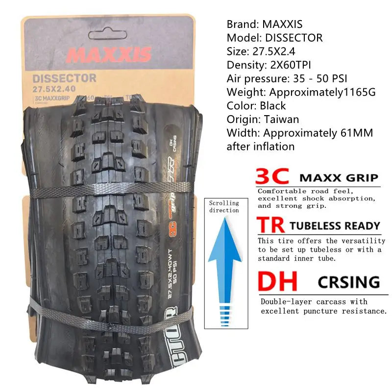 MAXXIS Dissector MTB Tire Seeks To Minimize Drag While Retaining Cornering Control Size:27.5x2.4WT  29X2.4 EXO TR DH