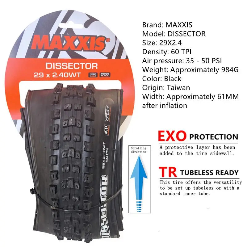 MAXXIS Dissector MTB Tire Seeks To Minimize Drag While Retaining Cornering Control Size:27.5x2.4WT  29X2.4 EXO TR DH