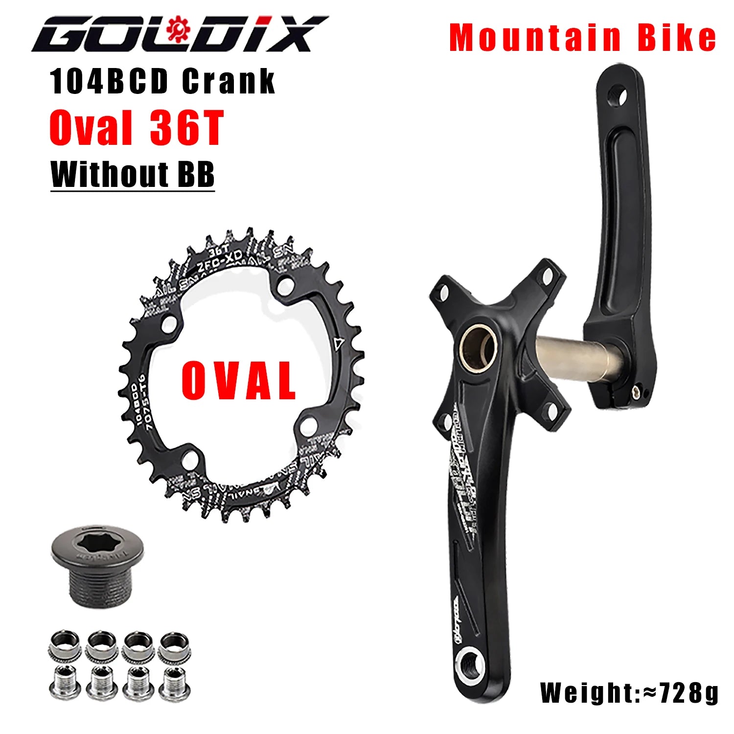 GOLDIX 104BCD MTB Crankset 165mm 170mm 175mm crank Round/Oval chainring 32T/34T/36T/38T Narrow Wide Teeth Sprocket for Mountain