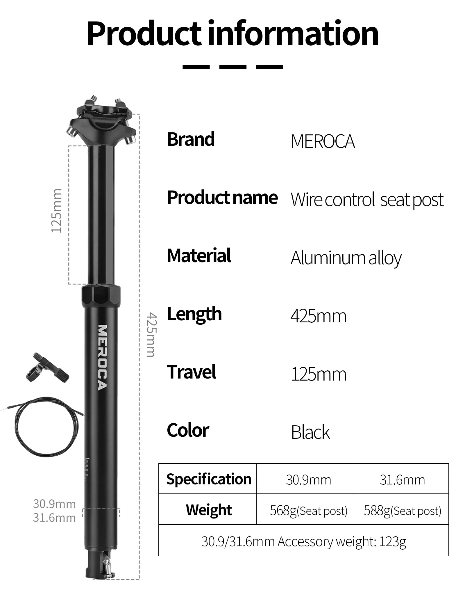MEROCA Bicycle Dropper Seatpost 27.2/30.9/31.6x425mm Internal Routing Cable Remote Wire Control Lift Seat Tube Mtb Seatpost