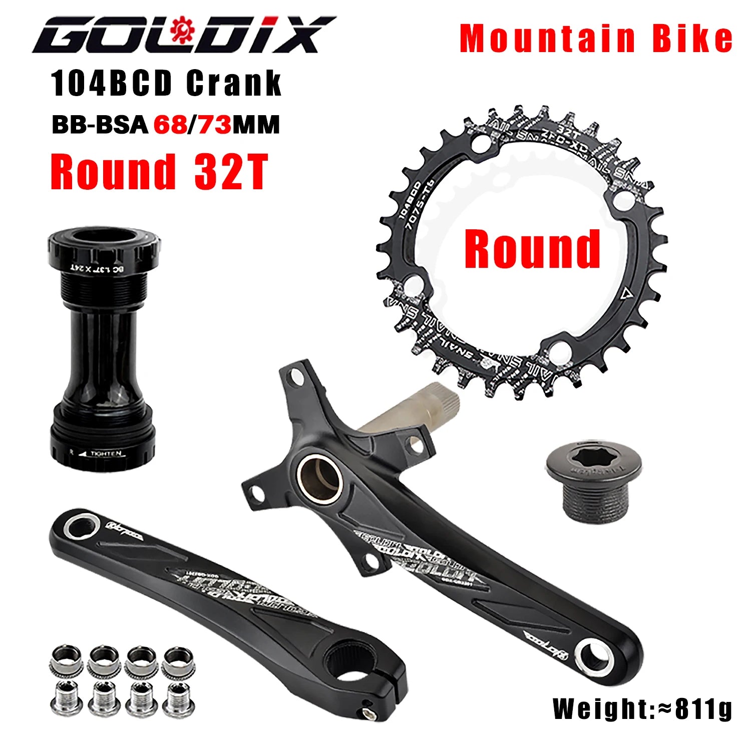 GOLDIX 104BCD MTB Crankset 165mm 170mm 175mm crank Round/Oval chainring 32T/34T/36T/38T Narrow Wide Teeth Sprocket for Mountain