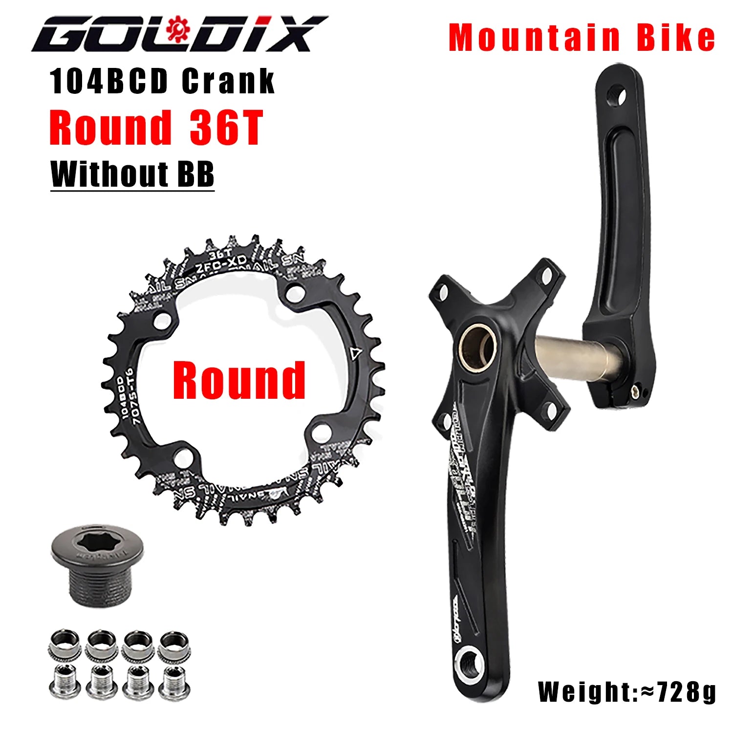 GOLDIX 104BCD MTB Crankset 165mm 170mm 175mm crank Round/Oval chainring 32T/34T/36T/38T Narrow Wide Teeth Sprocket for Mountain
