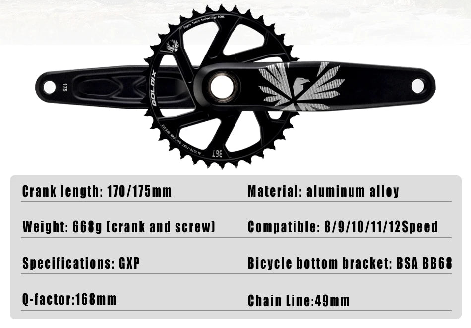 GOLDIX Bicycle Crankset 170/175mm Crank length 0mm Offset Install Directly Chainring 30/32/34/36/38T For Mountain Bike Crankset