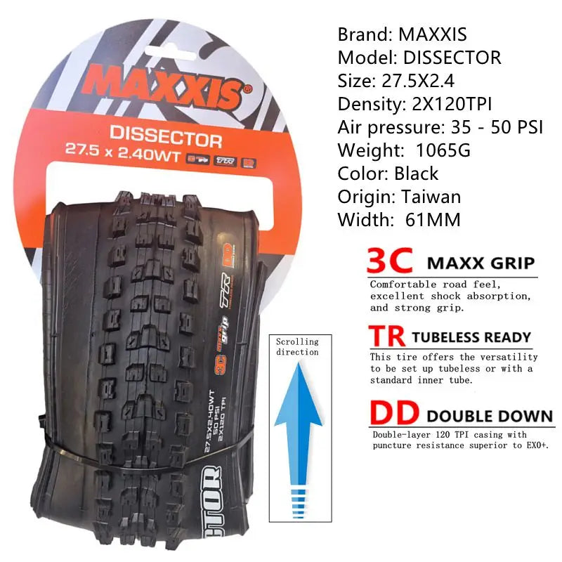 MAXXIS Dissector MTB Tire Seeks To Minimize Drag While Retaining Cornering Control Size:27.5x2.4WT  29X2.4 EXO TR DH