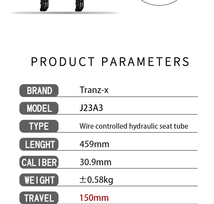 Tranz-x Dropper-Sattelstütze interne Zugverlegung 30,9 mm hydraulisch absenkbar 150 mm Federweg Mountainbike-Sattelstütze Rohrteil